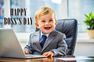 Happy Boss'S Day! Adorable Baby Boy Dressed In Suit With A Tie.