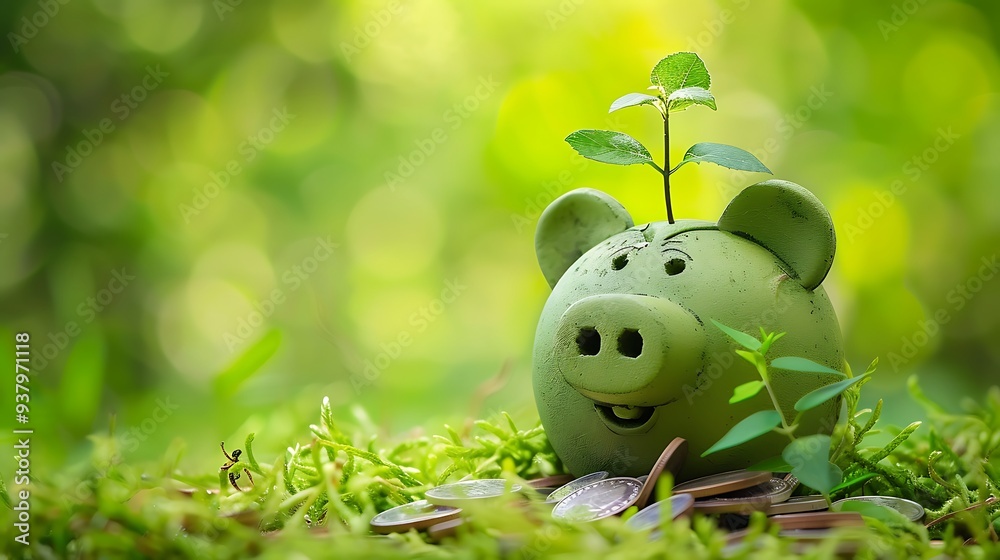 Wall mural Green piggy bank with a plant growing out of it, symbolizing the growth of savings and investment in a sustainable and environmentally conscious manner.