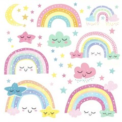 Colorful Rainbows and Cute Clouds in Pastel Tones With Smiling Faces on Isolated Background
