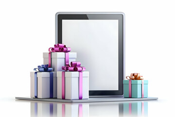 Flat Tablet with Holographic Gift Boxes concept as Vertical shot of a tablet standing upright on a white surface surrounded by floating holographic gift boxes creating a dynamic Black Friday themed co