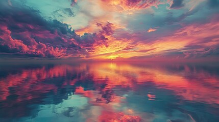 Fototapeta premium A hyper-real lake with mirror-like water reflecting a vividly colored, surreal sunset sky