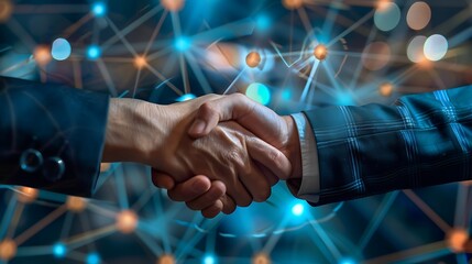 Two business people shaking hands in front of a network illustration. Represents partnership and collaboration in business.