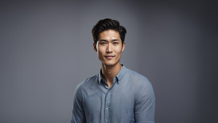 Obraz premium Charming portrait of a young Korean man with a warm smile and natural beauty. Brunette hair and flawless skin complement his captivating gaze. Studio shot with copy space, ideal for beauty and fashion