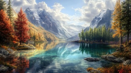 A hyper-real mountain lake with crystal-clear water, surrounded by vividly colored trees and a surreal sky