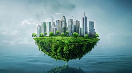 Futuristic cityscape floats on a lush green island in a tranquil ocean, a vision of sustainable urban living in harmony with nature.