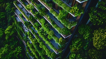 Aerial view of a green building in the city with plant-covered facade for sustainable architecture eco-friendly design urban greenery and environmental harmony concept.