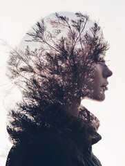 Fototapeta premium Portrait of a woman made from transparent pine trees and flowers, double exposure abstract art