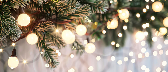 Close up of glowing lamp bulb, lights, garland with green fir branches.Christmas and New Year minimal mockup . Winter holidays celebration background. Copy space. Generative ai	
