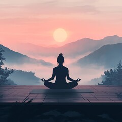 Illustrate a yoga retreat at sunrise, capturing the meditative ambiance with misty mountains in the background