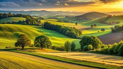 Lush green fields of ripening crops stretch towards the horizon, bathed in warm sunlight and surrounded by rolling hills and scattered trees.