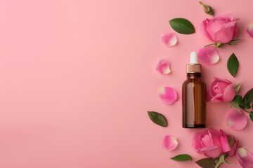 A brown glass bottle with a dropper sits among delicate rose petals and green leaves on a pink surface, creating a spa-like atmosphere.