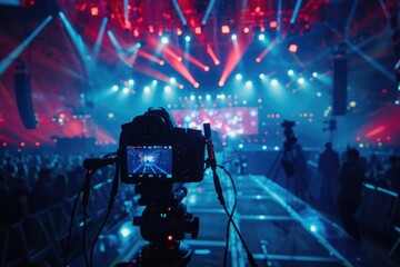 A video camera set up on a tripod, ready to capture the scene in front of a crowd