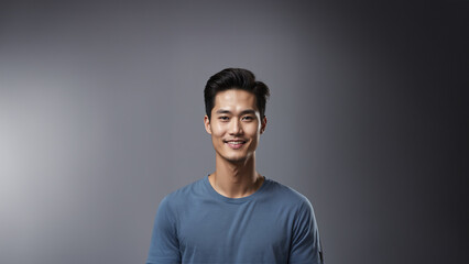 Obraz premium Charming portrait of a young Korean man with a warm smile and natural beauty. Brunette hair and flawless skin complement his captivating gaze. Studio shot with copy space, ideal for beauty and fashion