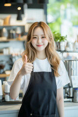 Smiling Barista Giving Thumbs Up in Modern Coffee Shop