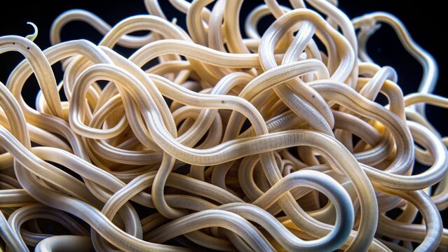 Macro image of a cluster of roundworms, formally known as Toxocara canis, entwined together, showcasing their smooth, white, and cylindrical bodies.