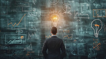 Businessman standing in front of a blackboard with drawings and a lightbulb above him.