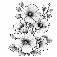 Beautiful mallow Black and white drawing floral illustration isolated on transparent background