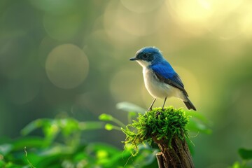 Obraz premium A small blue and white bird perches on a moss-covered branch, surrounded by lush greenery