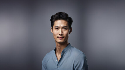 Obraz premium Effortlessly chic Korean man with flawless skin and natural beauty. Brunette with neat hair and a confident smile, gazing at camera. Studio shot with copy space, perfect for beauty and fashion