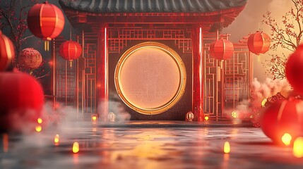 Decorative Chinese background featuring a circular frame, lanterns, and a festive red and gold theme