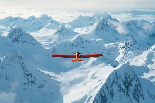 Red plane flying over snowy mountains.