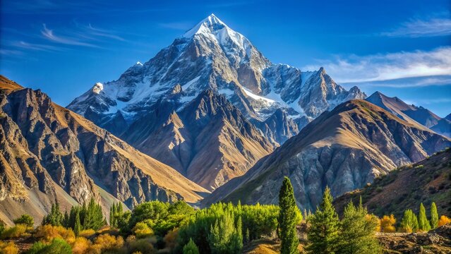 Majestic high peak dry mountain stands tall and proud against a clear blue sky, capturing the serene beauty of Chitral, Pakistan's rugged landscape.