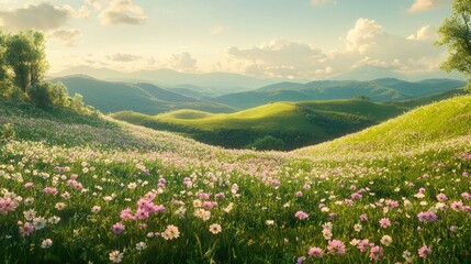 Fototapeta premium A wide shot of a countryside landscape with rolling green hills, dotted with blooming wildflowers
