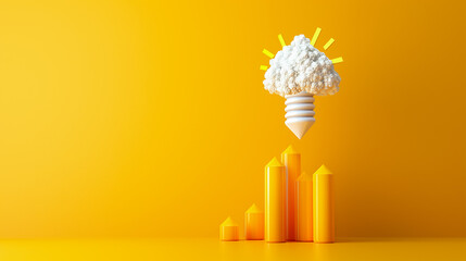 A light bulb designed like a fluffy cloud floats above bright yellow bars that symbolize growth, set against a cheerful yellow backdrop showcasing creativity and innovation