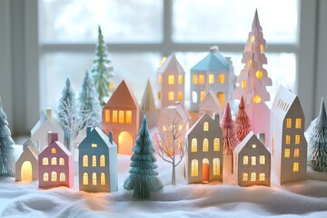 Fototapeta premium A delightful winter town made of paper features pastel-colored houses and trees, softly illuminated, creating a warm, festive atmosphere.