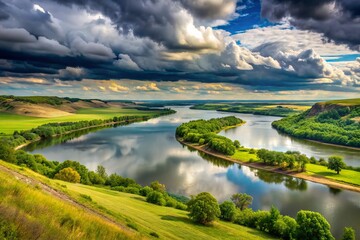 Obraz premium Majestic Missouri River winds its way through rolling hills on a cloudy day, its serene waters reflecting the somber sky, evoking a sense of American heartland tranquility.
