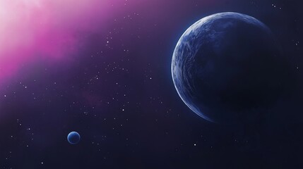Distant planets and stars in a purple and blue galaxy

