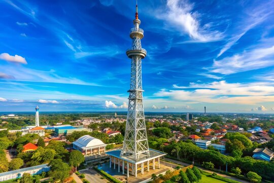 Majestic Mujahidin radio tower stands tall against a bright blue sky on a sunny day in Pontianak, Indonesia, with its structural details prominently visible.