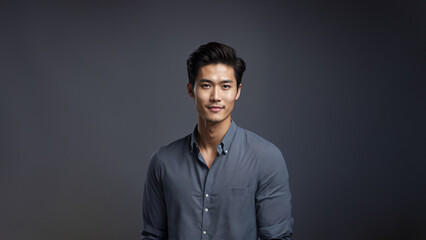Obraz premium Effortlessly chic Korean man with flawless skin and natural beauty. Brunette with neat hair and a confident smile, gazing at camera. Studio shot with copy space, perfect for beauty and fashion