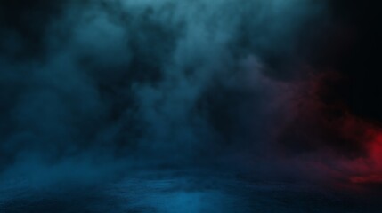Mysterious Foggy Scene with Dark Blue and Red Lighting
