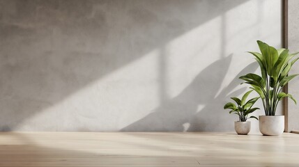 Minimalist interior with potted plants casting shadows on a sunlit wooden floor

