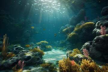Fototapeta premium Underwater view of the sea. Generative ai.