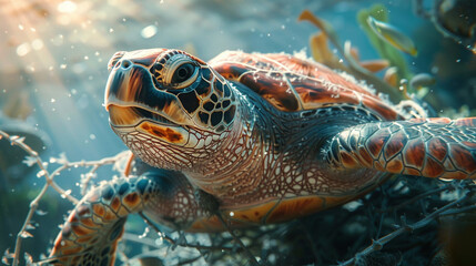 Fototapeta premium Green sea turtle gracefully glides through crystal-clear waters, its vibrant shell shimmering in the sunlight