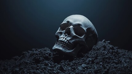 Skeleton emerging from the ground, skull raised to the sky with moonlight shining through the empty sockets, ethereal glow