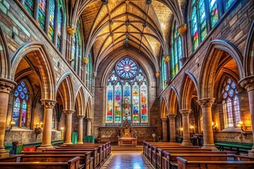 Obraz premium Majestic stained-glass windows illuminate the sacred space of the historic Cathedral Church of Saint Andrew, boasting intricate stone carvings and ornate wooden pews in Inverness, UK.