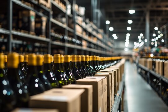 Rows of wine bottles in a large warehouse with shelves and boxes.