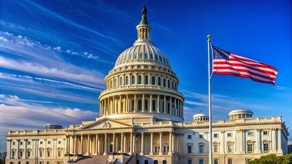 Obraz premium Majestic United States Capitol building stands proudly with the Stars and Stripes waving high atop its flagpole, set against a bright blue sky in Washington DC.