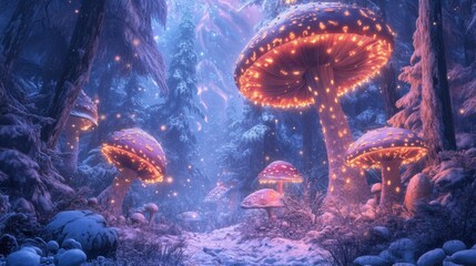 Professional Psychedelic art of mushroom jungle in winter