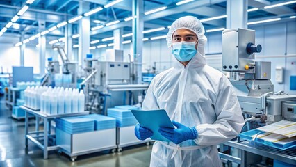 Naklejka premium Medical professional in PPE stands amidst automated production line of personal protective equipment, holding sterile kits against a backdrop of blue factory machinery.