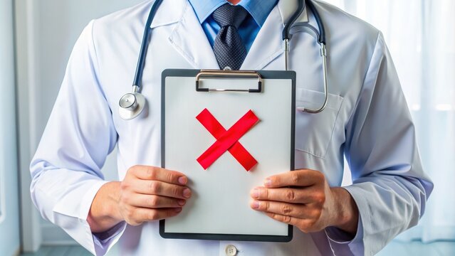 M&eacute;dical professional holding a clipboard with a red "X" marked on a diagnosis, symbolizing a mistaken or incorrect medical diagnosis or misdiagnosis.