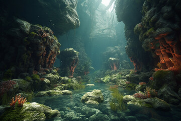 Fototapeta premium Underwater view of the sea. Generative ai.