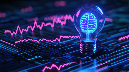 A glowing lightbulb with a brain design, showcasing the fusion of technology and creativity in a digital landscape.