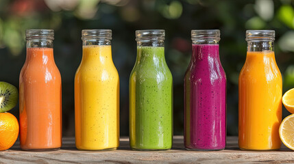 Healthy food concept. Colorful smoothies and fruit juice bottles with fresh fruits. Fresh fruits and vibrant ingredients. Fruit smoothie with strawberries, blueberries, kiwi, lemon slices. Copy space 