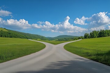 A view of a crossroads with two different asphalt lanes leading to a distant horizon with blue skies