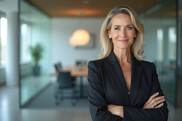 Portrait of a professional woman in a suit standing in a modern office. Mature business woman looking at the camera in a workplace meeting area.