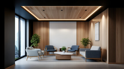 A modern waiting area with stylish furniture, wooden walls, potted plants, and natural light from large windows creating a serene atmosphere.